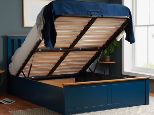 Phoenix Navy Blue Wooden Ottoman Storage Bed